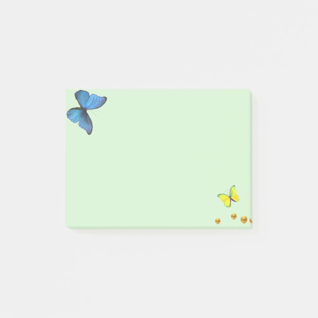 Blauer und gelber Schmetterling und goldene Konfet Post-it Klebezettel (Vorderseite)
