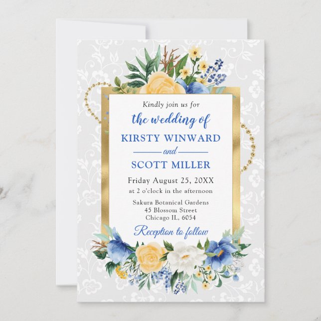 Blauer und gelber Sommer Blume Goldene Foil Hochze Einladung (Vorderseite)