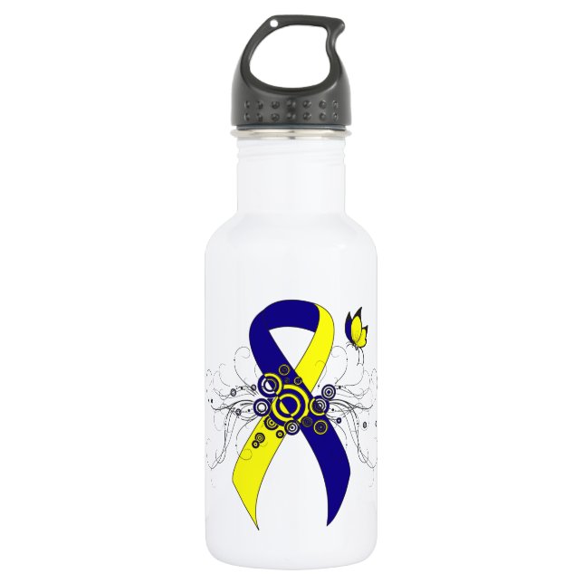 Blauer und gelber Streifen mit Butterfly Edelstahlflasche (Vorderseite)
