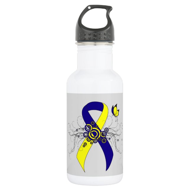 Blauer und gelber Streifen mit Butterfly Trinkflasche (Vorderseite)
