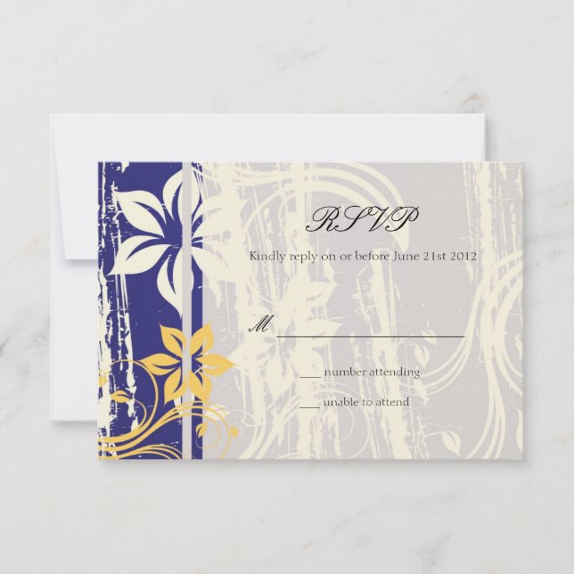 Blauer und gelber Swirl Hochzeitsrampe RSVP Karte (Vorderseite)