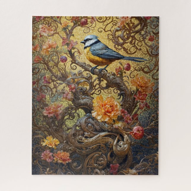 Blauer und gelber Vogel auf blumengoldenen Reben (Vertikal)