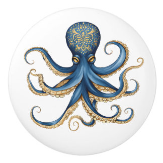 Blauer und gelber Whimsikoktopus Kabinettschreiber Keramikknauf