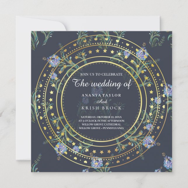 Blauer und goldene Blüte, Einladung zur Hochzeit (Vorderseite)