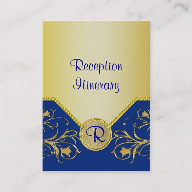 Blauer und goldene Blütenreben Monogramm Hochzeit Begleitkarte (Vorderseite)