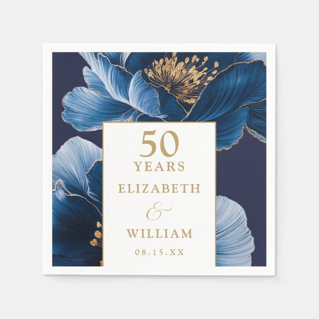 Blauer und goldener Blumen Elegant 50 Jahre alt Serviette (Vorderseite)