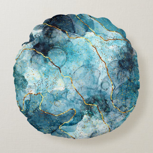 Blauer und goldener glänzender Marmor Rundes Kissen (Vorderseite)