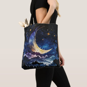 Blauer und goldener Halbmond und Wolken Halloween Tasche