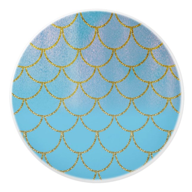 Blauer und goldener Iridescent Shimmer Meerjungfra Keramikknauf (Vorderseite)