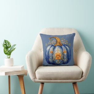 Blauer und goldener Kürbis-Blumen-Blauer Halloween Kissen