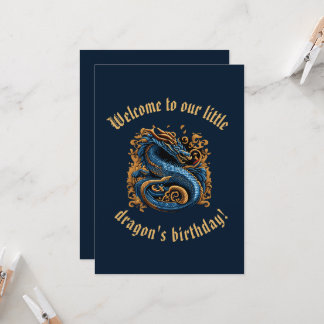 Blauer und goldener mittelalterlicher Drachengebur Einladung
