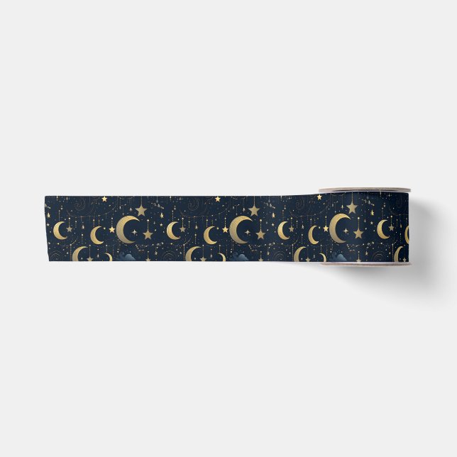 Blauer und goldener Mond und Sterne Satinband (Vorderseite)
