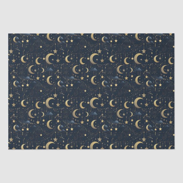 Blauer und goldener Mond und Sterne Seidenpapier (Vorderseite)