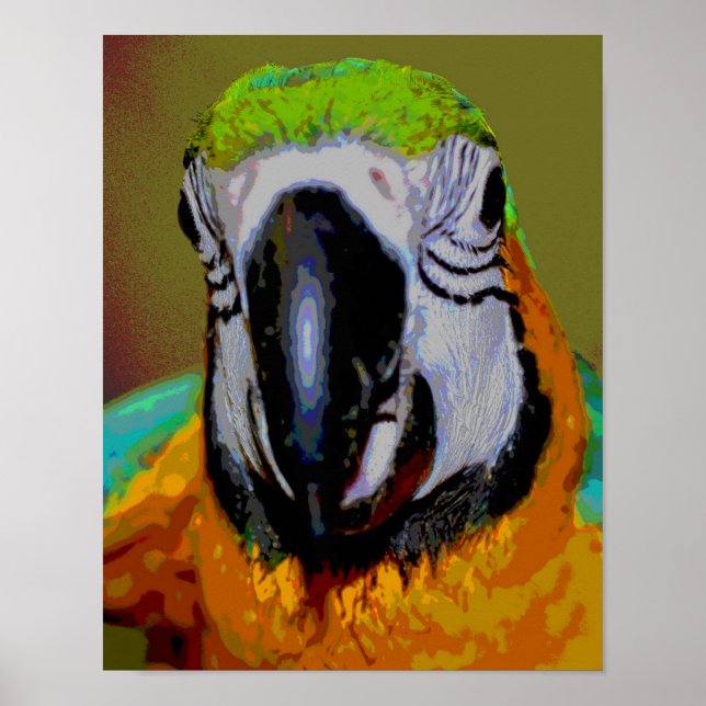 Blauer und goldener Papagei mit Abstrakter Kunst Poster (Vorne)