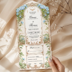 Blauer und goldener Rahmen zum Hochzeitsempfang All In One Einladung