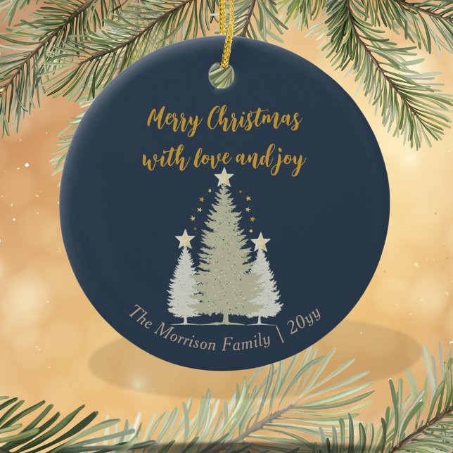 Blauer und goldener Weihnachtsbaum und Sterne Keramik Ornament (Blue and Gold Christmas Tree and Stars Ceramic Ornament)