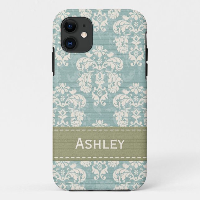 Blauer und grüner Damast Case-Mate iPhone Hülle (Rückseite)