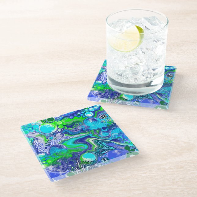 Blauer und grüner Flüssigkeits-Kunstdruckeffekt Glasuntersetzer (Schrägansicht)