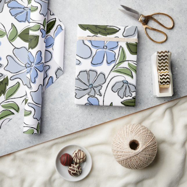 Blauer und grüner handgezeichneter Blumenblock-Dru Geschenkpapier (Kunsthandwerk)