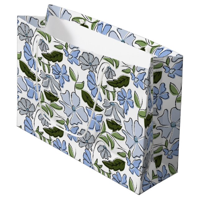 Blauer und grüner handgezeichneter Blumenblock-Dru Große Geschenktüte (Vorderseite Schrägansicht)