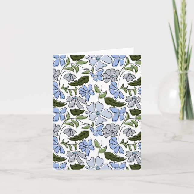 Blauer und grüner handgezeichneter Blumenblock-Dru Karte (Vorderseite)