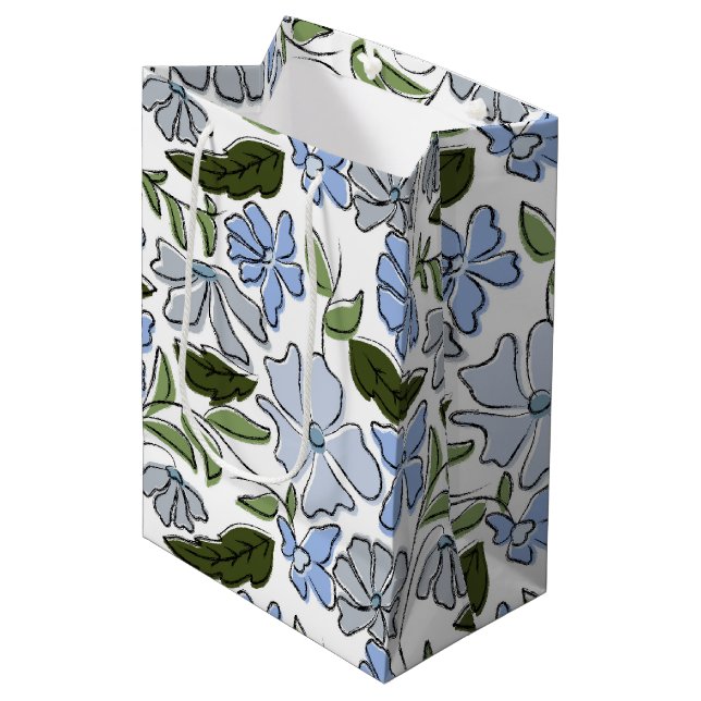 Blauer und grüner handgezeichneter Blumenblock-Dru Mittlere Geschenktüte (Vorderseite Schrägansicht)