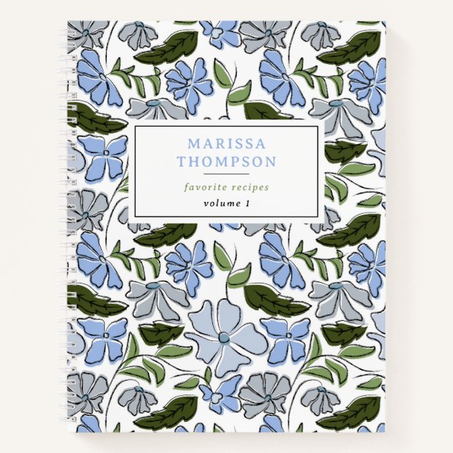 Blauer und grüner handgezeichneter Blumenblock Dru Notizbuch (Vorderseite)