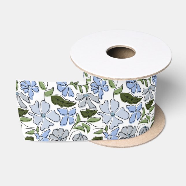 Blauer und grüner handgezeichneter Blumenblock-Dru Satinband (Spule)