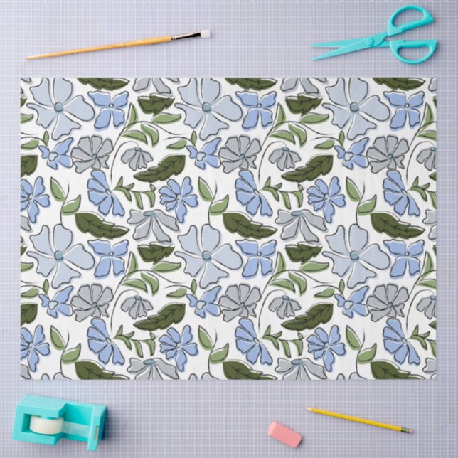 Blauer und grüner handgezeichneter Blumenblock-Dru Seidenpapier (Basteln)