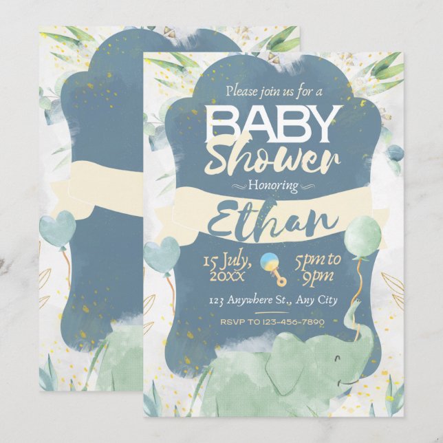 Blauer und grüner Niedlicher Baby-Duschvortrag Einladung (Vorne/Hinten)