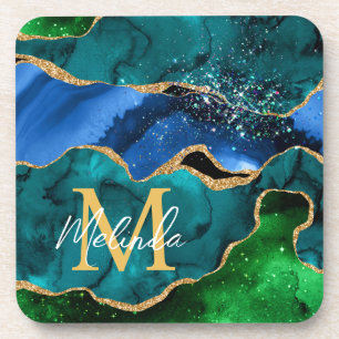 Blauer und grüner Pfau Faux Glitter Achat Getränkeuntersetzer