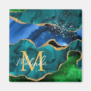 Blauer und grüner Pfau Faux Glitter Achat Magnet