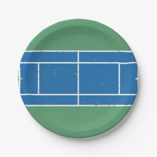 Blauer und grüner Tennisplatz gestört Pappteller