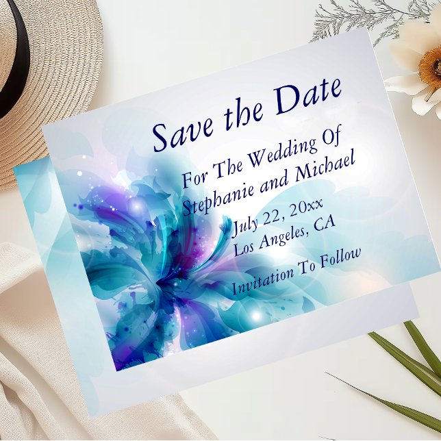 Blauer und Lila Abstrakter Blumen Save the Date-1 Ankündigungspostkarte (Von Creator hochgeladen)