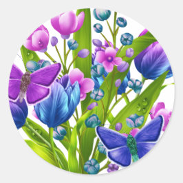 Blauer und Lila floraler Aufkleber mit Schmetterli