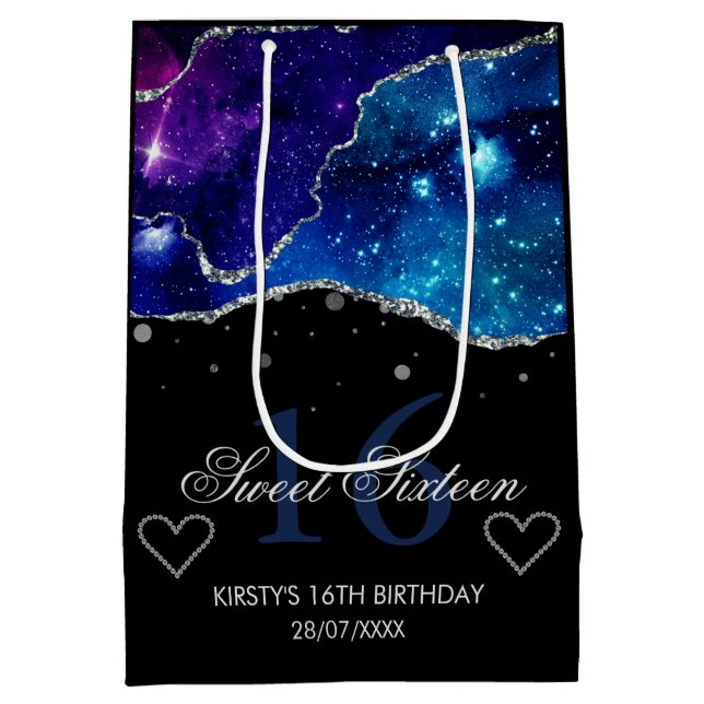 Blauer und Lila Silber Glitzer Galaxy Agate Sweet  Mittlere Geschenktüte (Rückseite)