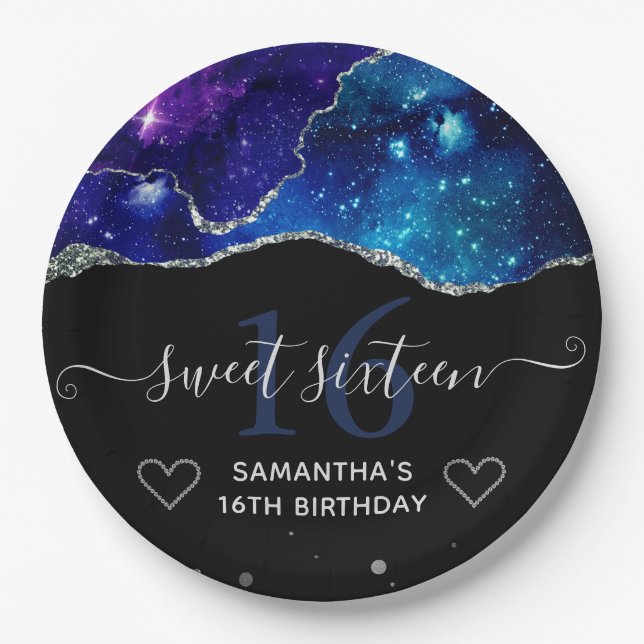 Blauer und Lila Silber Glitzer Galaxy Agate Sweet  Pappteller (Vorderseite)