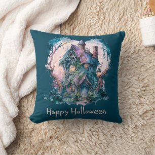 Blauer und Lila Spuk House Blauer Happy Halloween Kissen