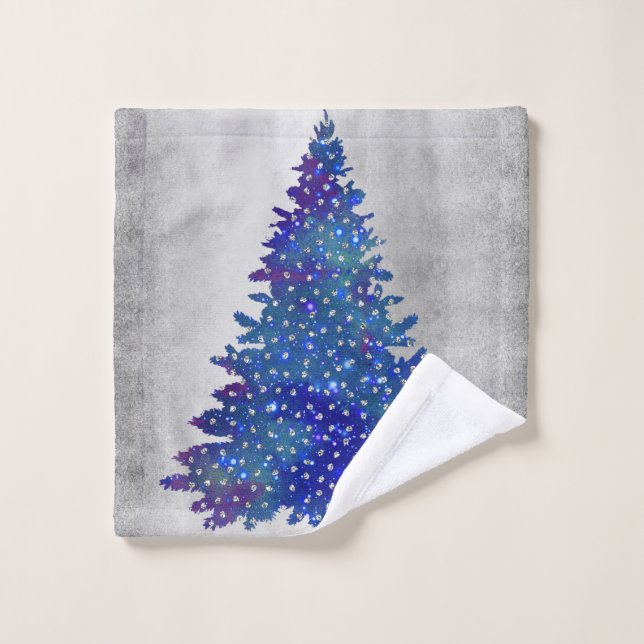 Blauer und lila WatercolorWeihnachtsbaum Badhandtuch Set (Waschlappen)