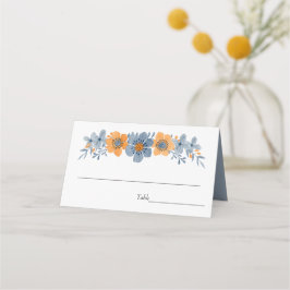 Blauer und orangefarbener Blume Hochzeitsplatz Platzkarte