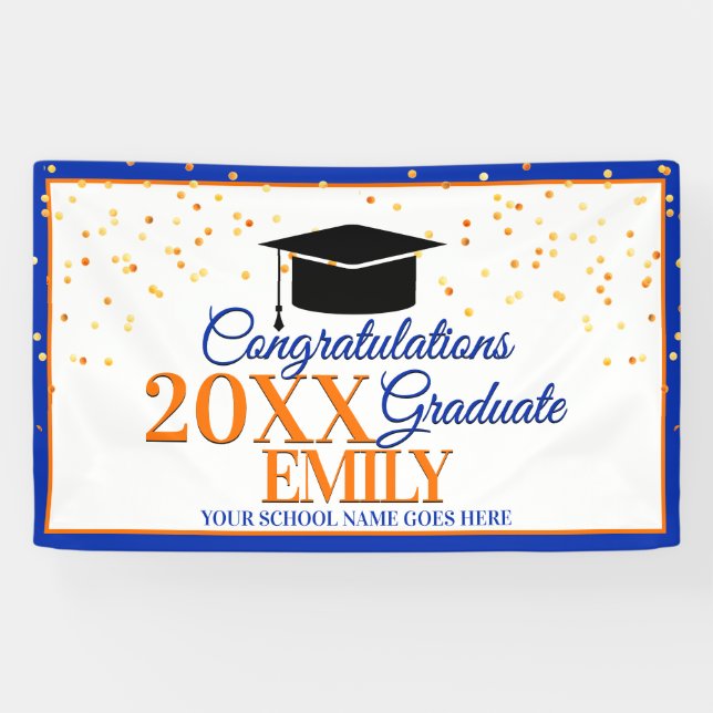 Blauer und orangefarbener Glückwunsch Graduate Banner (Horizontal)