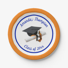 Blauer und orangefarbener Graduierungsdeckel und T Pappteller
