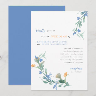 Blauer und orangefarbener Hochzeitsinvikt der Wild Einladung