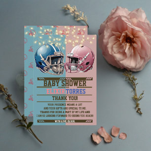 Blauer und rosa American-Football-Helm Baby-Party Dankeskarte