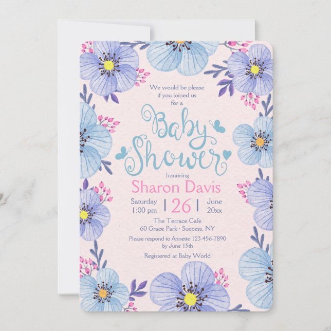 Blauer und rosa Babydusche Einladung (Vorderseite)