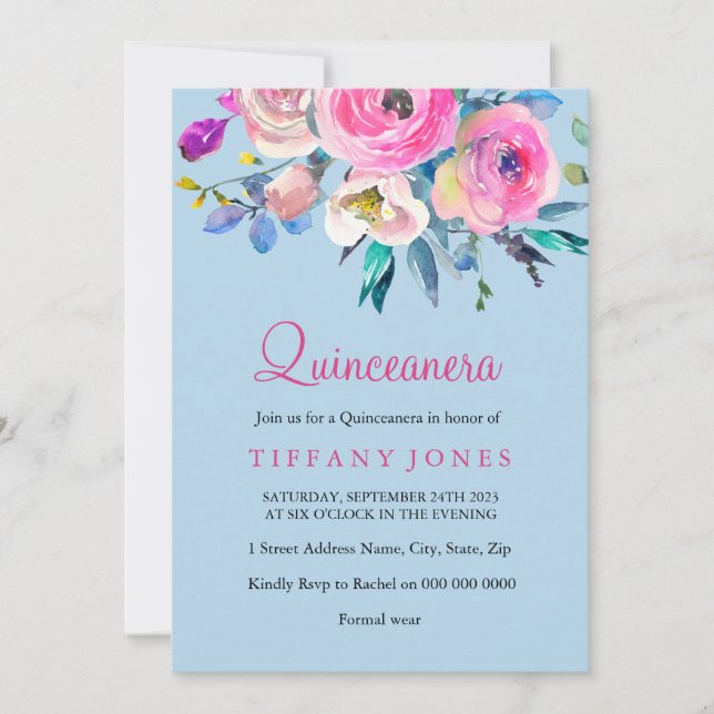 Blauer und rosa Blume Quinceanera Einladen Einladung (Vorderseite)