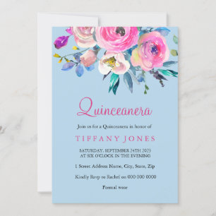 Blauer und rosa Blume Quinceanera Einladen Einladung