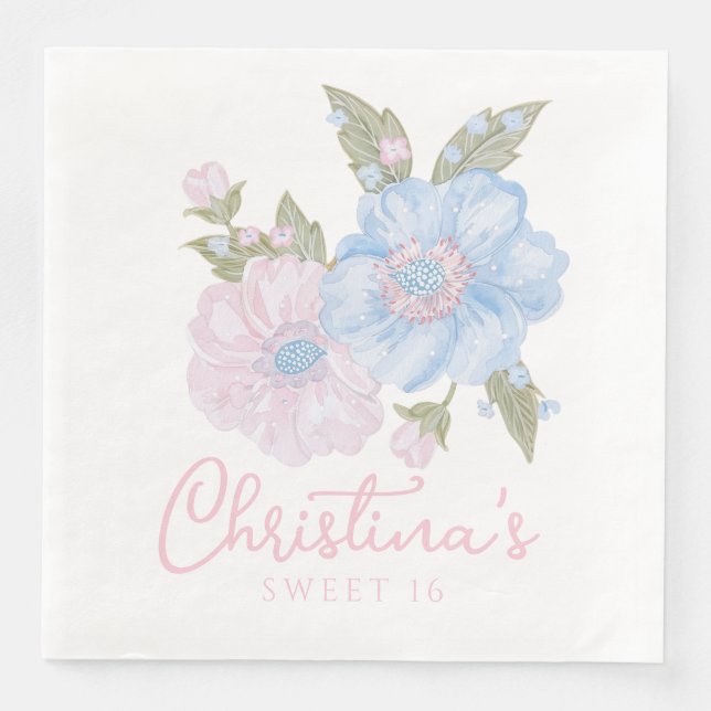 Blauer und rosa Grandmillennial Blumensüß 16 Serviette (Vorderseite)