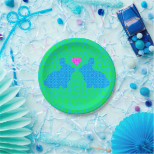 Blauer und rosa Hase in Liebe Pappteller