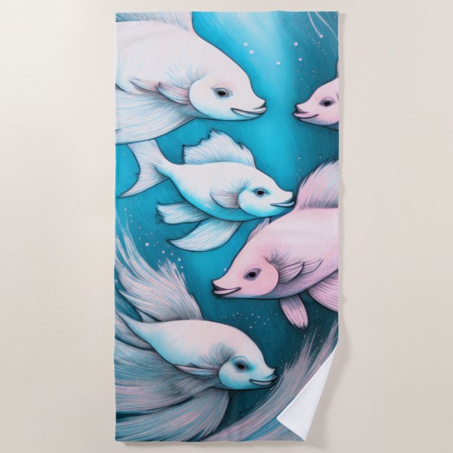 Blauer und rosa Kreide Zeichnend Fisch Strandtuch (Vorderseite)